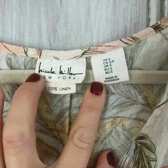 NICOLE MILLER butter yellow petal pink Floral 100% Linen dress flutter sleeve S - Picture 6 of 8